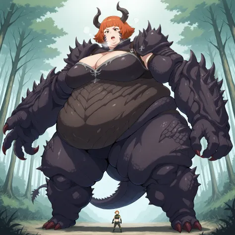 tail scales,kaiju,(horns:2),thick thighs,tail,(claws:1.2),(sharp teeth:1.4),(spikes:1.5),(monster:1.5),monster girl,giantess,giant,two-tone scales,scalie,alien, tusks, Orc, fangs,  mari ishida \(solo leveling\), burnt orange hair, short hair, bangs, brown ...