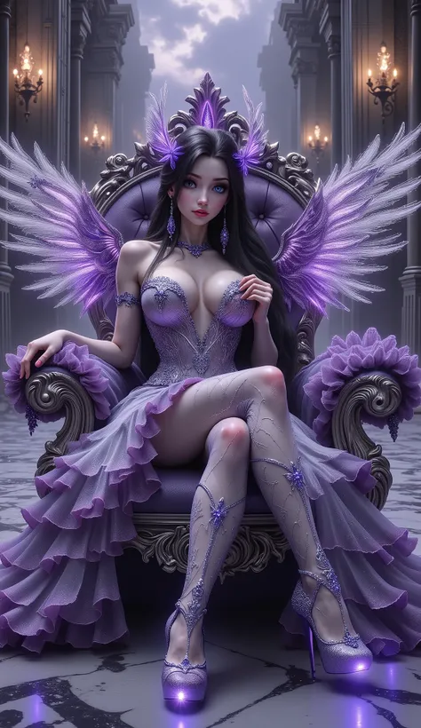 purple fairy sitting on a throne with wings and purple shoes, a beautiful fantasy empress, beautiful fantasy art, fantasy woman, 4k fantasy art, amazing fantasy art, very beautiful fantasy art, hd fantasy art, detailed fantasy art, beautiful fantasy maiden...