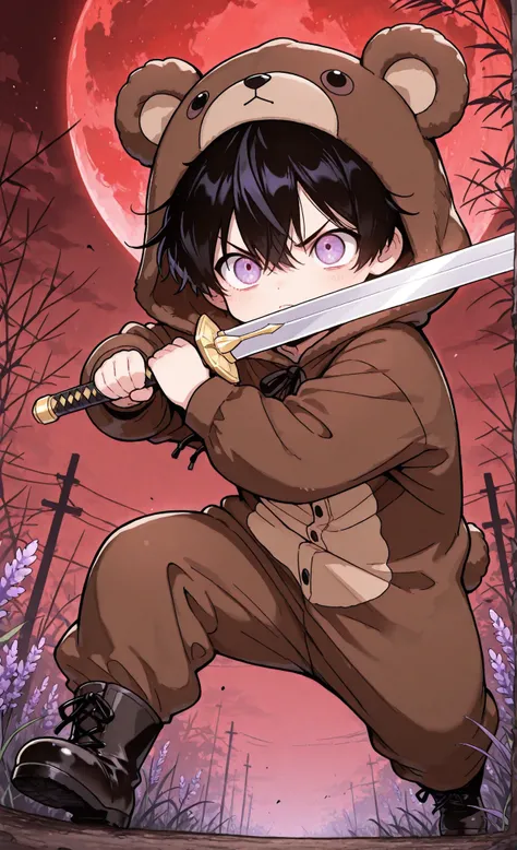 Kuma, masterpiece, best quality, ultra-detailed:1.3, chibi style, male, 1boy, solo, short black hair, lavender eyes, wearing brown bear onesie, bear hood, black boots, holding sword, threatening atmosphere, red moon in background, close-up shot, sword blad...