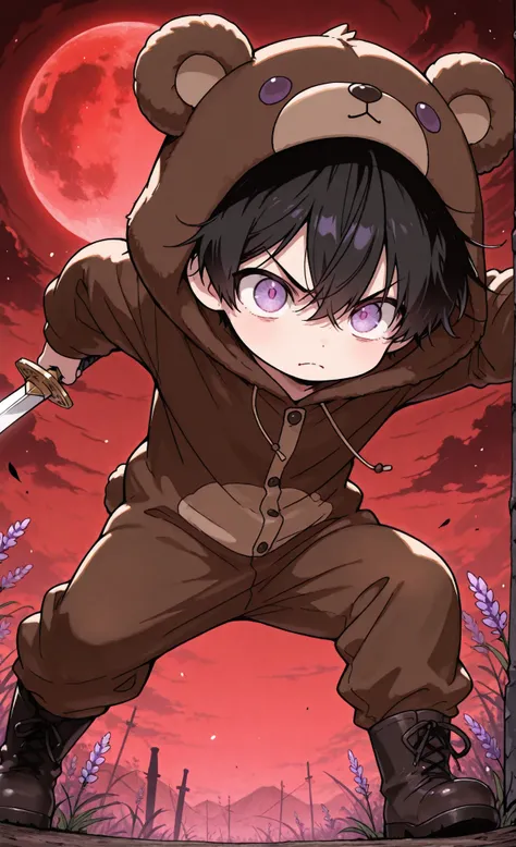 Kuma, masterpiece, best quality, ultra-detailed:1.3, chibi style, male, 1boy, solo, short black hair, lavender eyes, wearing brown bear onesie, bear hood, black boots, holding sword, threatening atmosphere, red moon in background, close-up shot, sword blad...