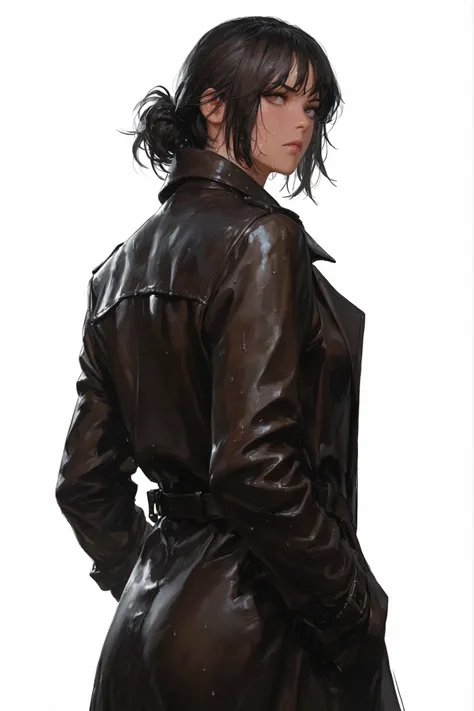 1girl, solo centered, female, sweaty, solid white background, solid background, blank background, looking back, leather trenchcoat, elegant, serious, harsh cast shadow, dramatic lighting, Korean comic style , semi-realistic art , semi-realistic art style ,...