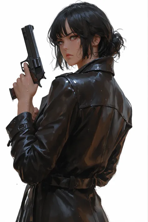1girl, solo centered, female, sweaty, solid white background, solid background, blank background, looking back, leather trenchcoat, holding up a pistol in one hand, elegant, serious, harsh cast shadow, dramatic lighting, Korean comic style , semi-realistic...