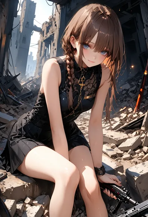 Transcendental Beautiful Girl Warrior、Amazing Hunter with Sharp Movements、Skilled Hunter Hunting for Insects、Inside the Ruins of a Ruined Earth、Buried in rubble、shotgun、brown hair，shortcuts，unkempt hair，Short braided hair，Neat，slender beauty，correct attitu...