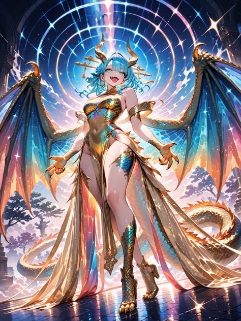 Low angle, full body, (masterpiece, 4K, ultra-detailed, vivid, bright and vibrant colors, dynamic pose, professional angle), {futa}:(a beautiful and attractive futa with long, beautiful legs, reptilian cyan eyes, small, round face, long blue hair in differ...