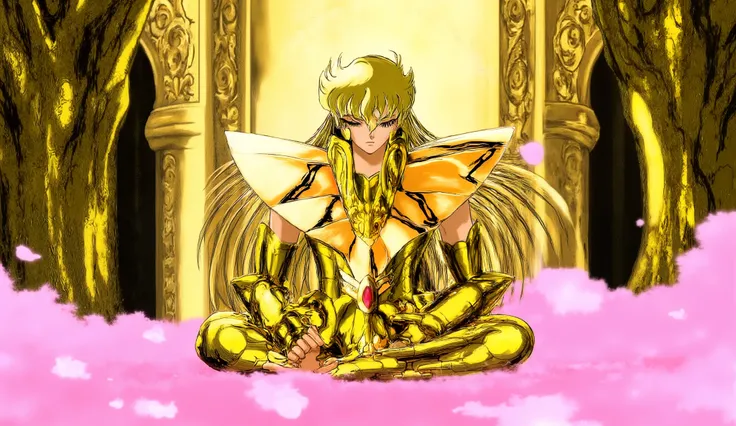 Virgo Shaka, เกราะทองคำ , Virgo Shaka from Saint Seiya, sitting calmly in meditation on a glowing pink lotus flower, wearing Virgo Gold Cloth — golden armor with sacred Buddhist-inspired patterns, smooth reflective honey-gold metal with ornate curved engra...