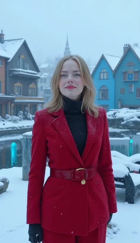 Emma Stone in red suit with black shirt underneath, in the background Frozen blue wooden houses, snow-filled roofs; ice-covered cars, pessoas com casacos; frozen lake with blue cracks; ice-blue neon benches; black marble pilasters with frozen gold detailin...