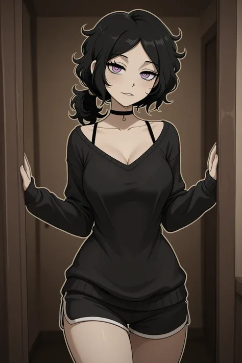 masterpiece, ultra highres, best quality, Ashley Graves, artistic outline style, visible bra strap peeking, elegant choker accentuating neck, form-fitting shorts highlighting curves, loose sweater partially revealing shoulder, sensual pose, alluring expres...