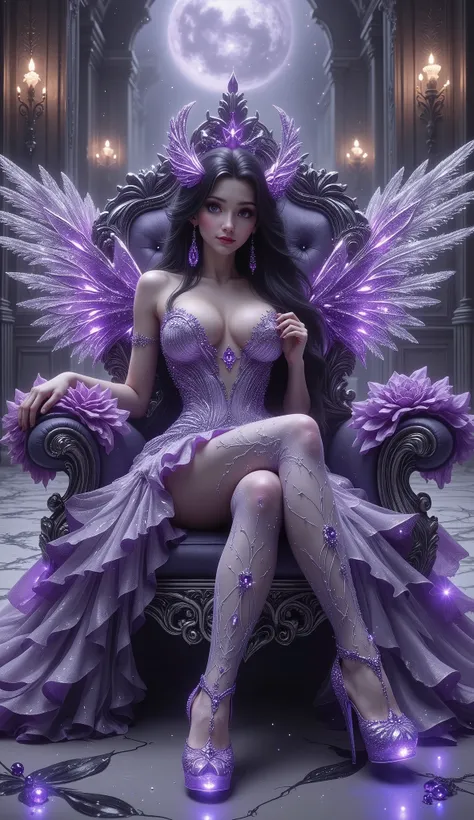 ((best quality)), ((masterpiece)), (4K ultra hd), (hyper detailed), ((Hyper realistic)), purple fairy sitting on a throne with wings and purple shoes, a beautiful fantasy empress, beautiful fantasy art, fantasy woman, 4k fantasy art, amazing fantasy art, v...