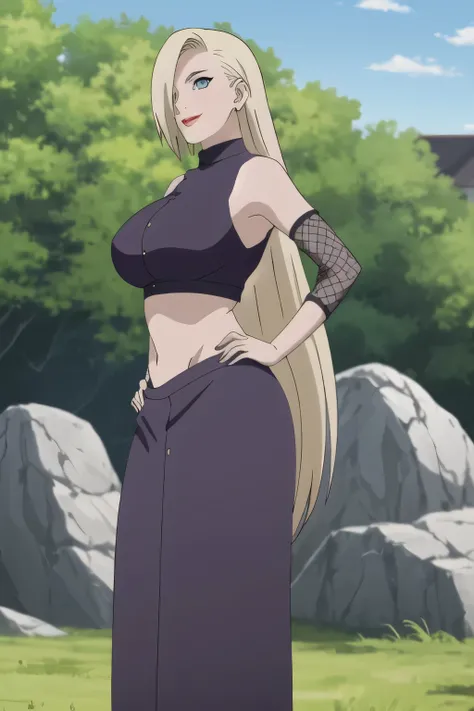 Adult_LongHair_InoYamanaka_ownwaifu,
1girl, anime screencap, anime coloring, anime screenshot, tall, huge breasts, curvy, curvaceous, voluptuous, voluminous, hyper voluptuous, blonde hair, hair over one eye, blue eyes, long hair, very long hair, smiling, m...