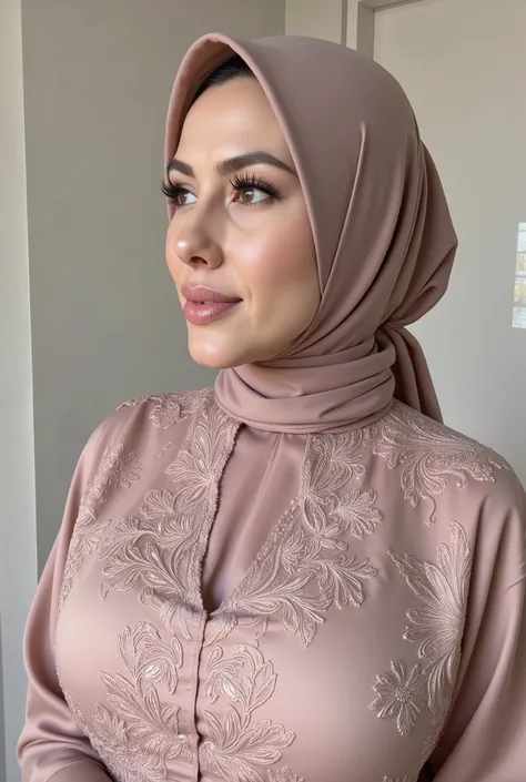 hyper HD, Masterpiece, Textured skin, 8K, Best quality of potrait a Beautiful hijab asian woman white fairy skin wearing kebaya outfit , perfect veil hijab muslimah style, detail scarf , close-up half body , happy vibes, beauty smile open mouth showing te...