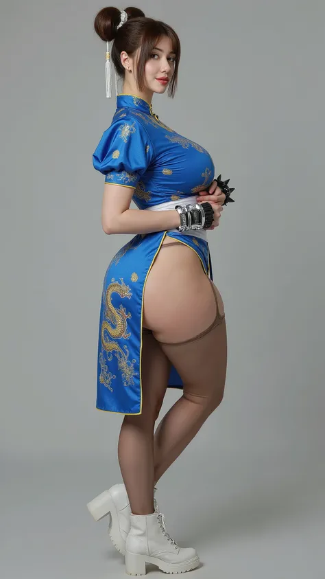 20-year-old woman with beautiful strong features and an athletic curvy build with toned physique and big toned hips, captured in full body three-quarter profile turn. She has light brown hair styled in iconic  double buns with white decorative bun covers a...