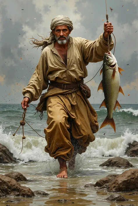 created a painting with oil painting with huge details , In the style of the artist Leonardo Davinci , The art of the era of European Renaissance , A fully detailed painting of an Arab man ( 45 years old) Fish are caught on sea rocks and the waves are he...