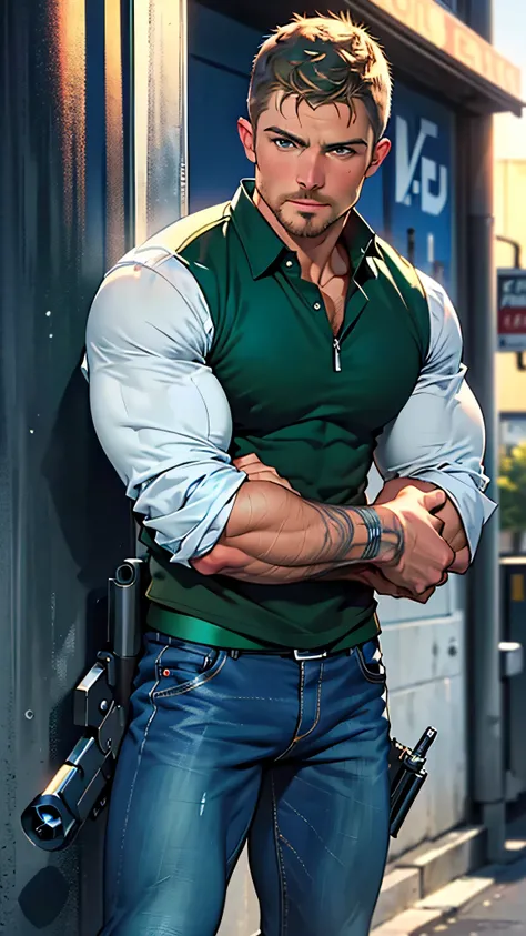 vpl,vpl,1 man, male focus solo,45 yo man, (((Stephen AMELL as private investigator))), lean muscle, open blue shirt, marine blue jeans with brown belt ,( bulge), full body shot, dark blond short hair, BLUE GREEN EYES , well groomed facial hair, (((( HANDS...