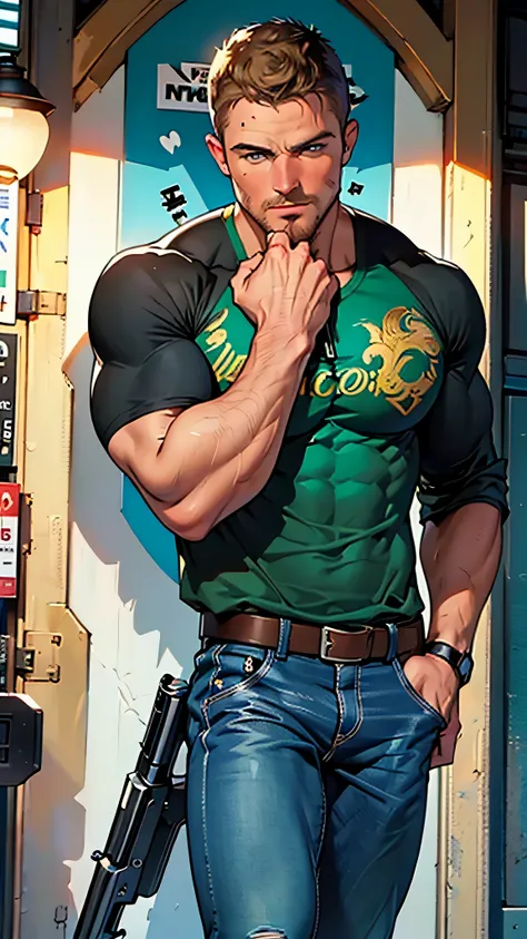 vpl,vpl,1 man, male focus solo,45 yo man, (((Stephen AMELL as private investigator))), lean muscle, open blue shirt, marine blue jeans with brown belt ,( bulge), full body shot, dark blond short hair, BLUE GREEN EYES , well groomed facial hair, (((( HANDS...