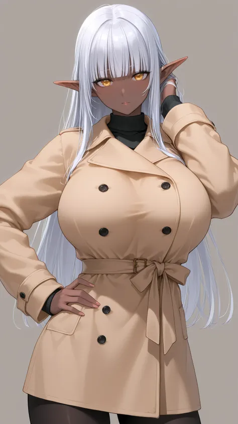 1 girl, silver hair, blunt bangs, very dark skin, gold eyes, giant breasts, elf, long ears, casual clothes, coat, hand on hip, head raised looking at viewer