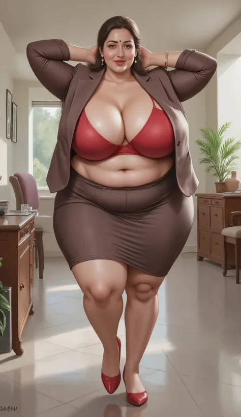 A breathtaking high-quality painting by renowned artist Manimala, centered composition, perfect framing, no cropping, full body shot , depicting a beautiful 45-year-old Indian woman, (Full body image (top to bottom), voluptuous body, chubby Indian plus siz...