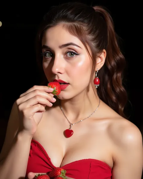 ashk, A closeup portrait of a 20-year-old Indian girl with fair skin tone, light grey eyes, fox eyelashes, thin eyebrows, black eye liner, silver eyeshadow, natural blush, and red lipstick. Her hairs are long, brown, wavy and pulled back in a ponytail with...