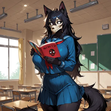 score_9, score_8_up, score_7_up, score_6_up, BREAK, rich colors, high quality, masterpiece, best quality, amazing quality, very aesthetic, absurdres, solo, 1 girl, source furry, MaloSCPXL, anthro furry, furry female, body fur, black fur, head skull, white ...