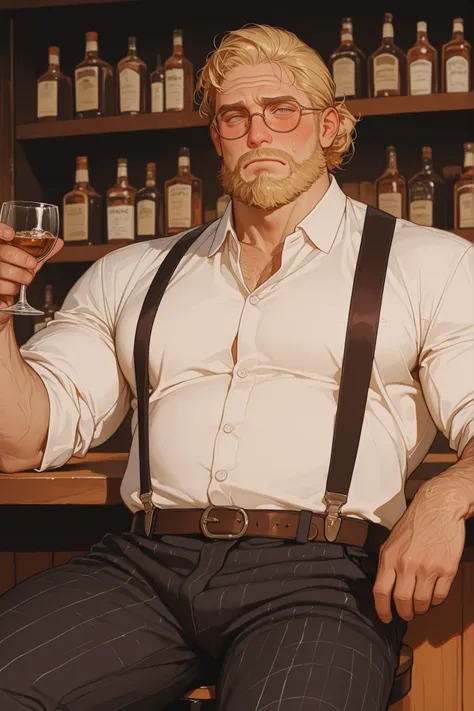semi-realistic midjorney art style of a chubby older round man. He has a soft round face with a blonde but greying beard. Blonde comb over hair style. Wearing a white button up shirt with suspenders and black Tweed pants. Sitting on a bar stool holding a s...