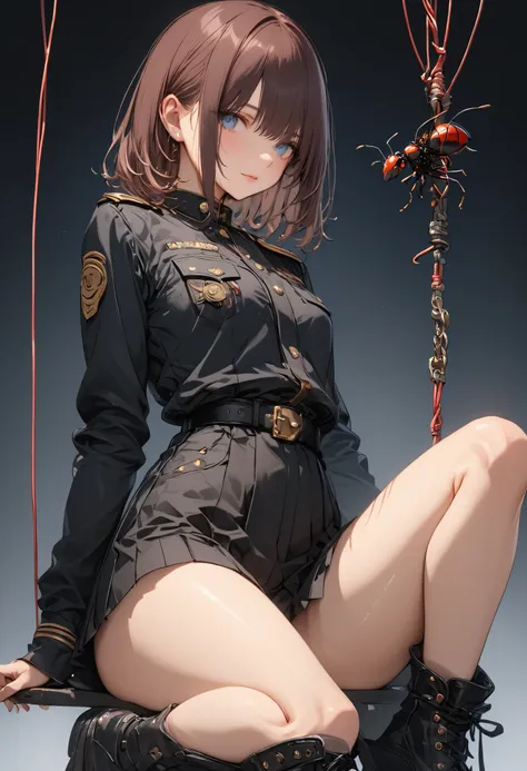 A girl kicks an ant about 2 meters in size、masterpiece，（masterpiece），fuill body ,best quality ，（Highest Quality）， cinematiclighting ，（cinematic lighting）、beautiful detailed eyes ，eye detail connected to an electric wire，uitra-detailed，（Super Detailed），high...