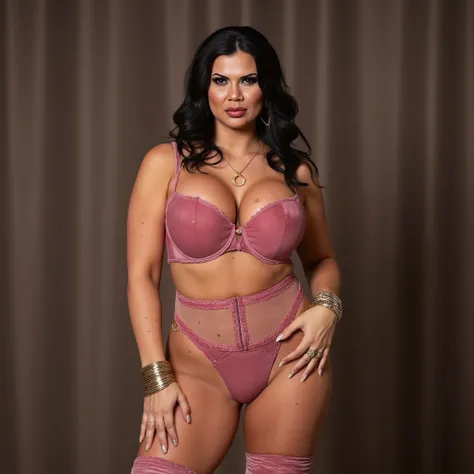 mature chubby woman stright standint. full body shadow on floor .Tall Thick body woman in dusty pink deep cleavage solid velvet bra . and wearing dusty pink high cut velvet thongs . Most Thighs visible . curves and pubes peek .Wearing Knee high dusty pink ...