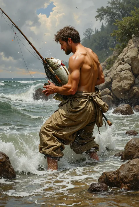 created a painting with oil painting with huge details , In the style of the artist Leonardo Davinci , The art of the era of European Renaissance , A fully detailed painting of a man ( 35 years) fishing between sea rocks and heavy waves . The man holds ...