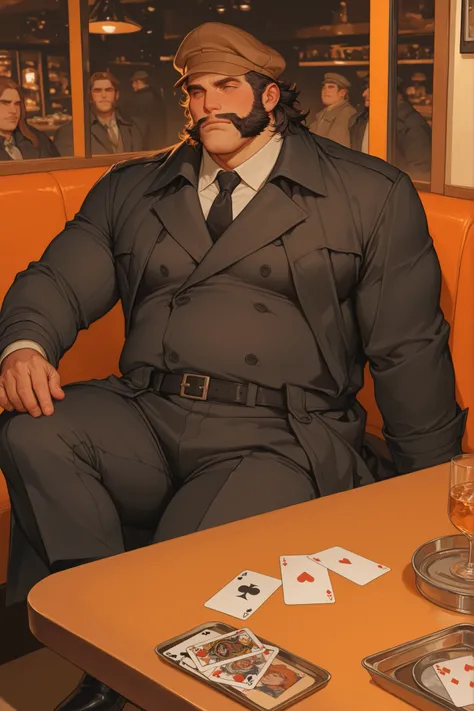 semi-realistic midjorney art style of a chubby fat older round man. He has a squared jaw and gruff facial features. Thick long and whispy mutton chops, long side burns. Wearing a newsboy cap and long black oilskin trench coat with black twead trousers. Dyn...