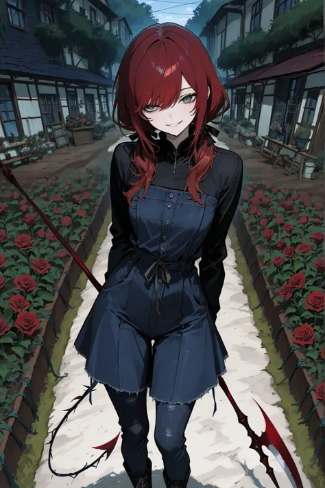 Kaylen,Gardener,dark red hair,gray eye,rose twine tail,Shinigami's Scythe Smile,,woman,1girl,,,,,,dynamic,anime,masterpiece,Highest Quality,great quality,very beautiful,Newest,