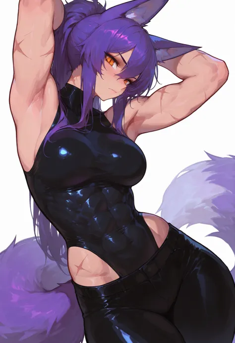 gorgeous kitsune girl, beautiful face, kitsune, purple color hair, hunter girl, orange eyes, slit pupils, detailed eyes, personalami style, volputrous body, covered breasts, curvy and athletic, kitsune ears, ponytail hair, fox tail, black bodysuit, pants, ...
