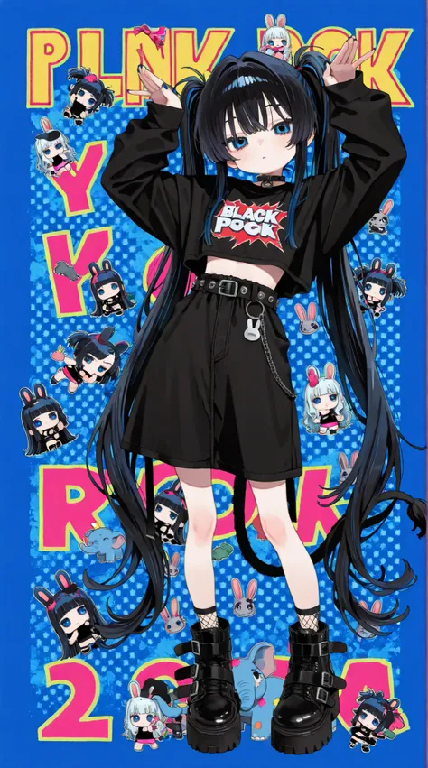 solo, young girl with long dark hair,twin tail、Black Rock Shoe、Black Rock Shoeター が値札を持っている、blue black hair、long hair、blue eyes、medium bust、Very delicate hair seen from cute punk   , elephant pose  , Rabbit pop art background, 