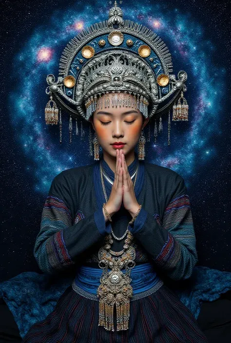 CTAI,H'Mong,A celestial Hmong being weaves constellations from threads of starlight, their head adorned with a crown made of nebulae and nascent stars. The background is a deep cosmic void, punctuated by swirling galaxies. The style is highly imaginative, ...