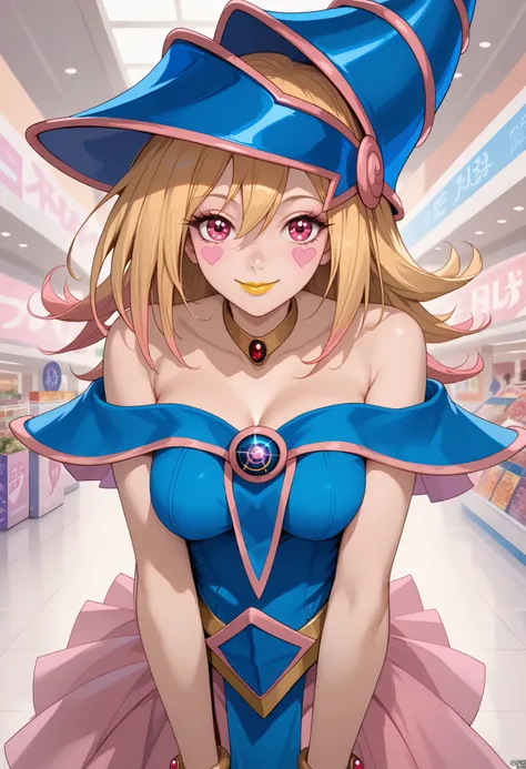 woman, anime style, yellow lipstick, large breasts, blonde hair, pink highlights in hair, pink eyes, cheerful smile, focus on character, looking at viewer, open arms, shopping mall, convention, fantasy, Dark Magician Girl costume, Dark Magician Girl, Yu-Gi...