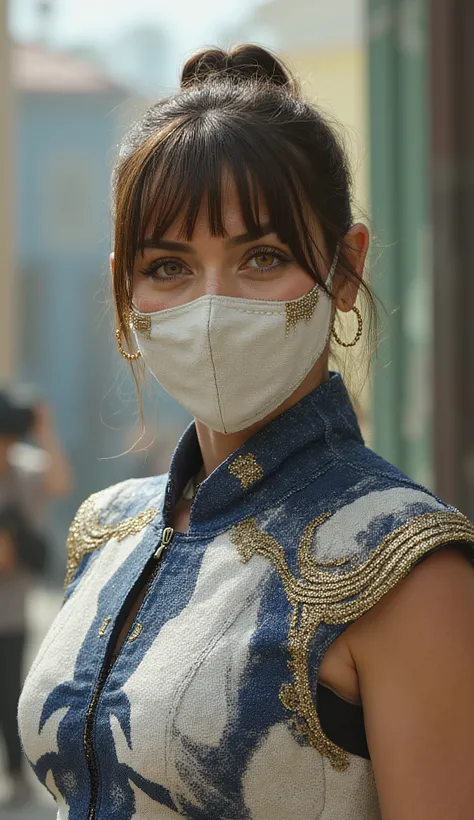 close up Ana de Armas like a froste from Mortal Kombat with a white and blue ninja suit and a white iron mask with golden details burnt mask covers only her mouth, In the background in 8k colored wooden houses; People taking pictures; carros alugados; lago...