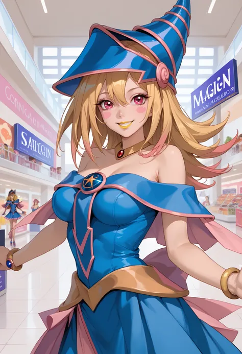 woman, anime style, yellow lipstick, large breasts, blonde hair, pink highlights in hair, pink eyes, cheerful smile, focus on character, looking at viewer, open arms, shopping mall, convention, fantasy, Dark Magician Girl costume, Dark Magician Girl, Yu-Gi...