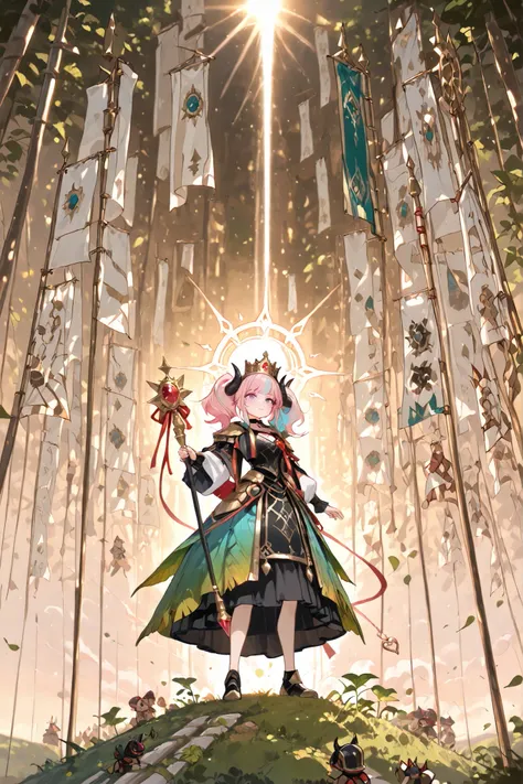 (masterpiece, best quality, ultra-detailed, 8k, cinematic low-angle lighting),
appears 18+,
1girl, queen, surrounded by 4-6 small-statured chibi ant warriors,
((purple eyes)), ((two-tone hair, pink hair, light blue)), twin tails styled into regal buns with...