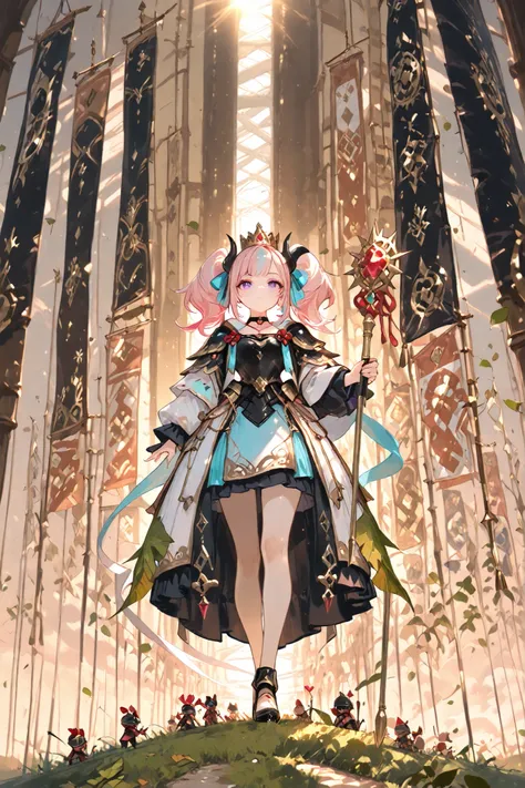 (masterpiece, best quality, ultra-detailed, 8k, cinematic low-angle lighting),
appears 18+,
1girl, queen, surrounded by 4-6 small-statured chibi ant warriors,
((purple eyes)), ((two-tone hair, pink hair, light blue)), twin tails styled into regal buns with...