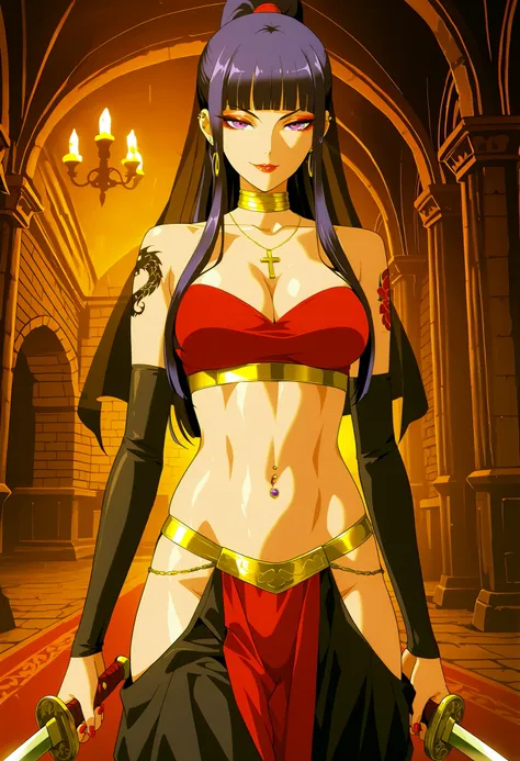 1girl,mature female, sakatoku mai, purple eyes, long hair, black hair, blunt bangs, ponytail, sidelocks, makeup, eyeshadow, lipstick, nail polish, ear piercing, long hair, , lipstick, Hot girl, baddie, smoking, sensual, attractive ,choker, ,cross necklace,...