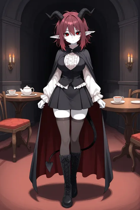 hentamonn,DSP, artist:DSP, mogeko,,masterpiece , best quality , amazing quality , very aesthetic, white skin, pale skin, tall girl, adult, rounded elf ear, red eye, drooping eyes, cold look, white pupil, feline pupil, short hair, slightly messy hair, maroo...