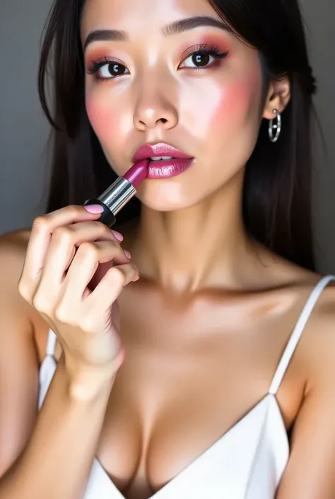 A beautiful young woman woman applying lipstick flux
