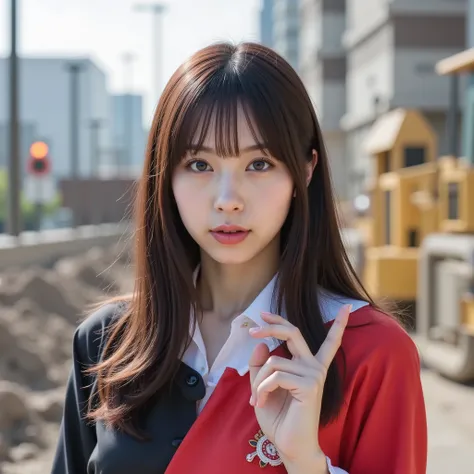 Japanese Top Idol、A、rebar walking near a construction site falls just a few centimeters above my head、astonished expression、The Moment of Crisis、Vivid Idol Costumes、Contrasting colors、precise expression down to the smallest detail、A mix of natural and arti...