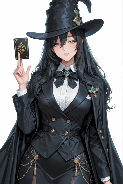 a beautiful female magician,A cool pose typical of a magician,Put a card on your face and smile,she is a hugely popular magician,Her costume is tight, graceful, luxurious, and a little flashy,A cool cloak typical of a magician,skirt suit double breasted sk...