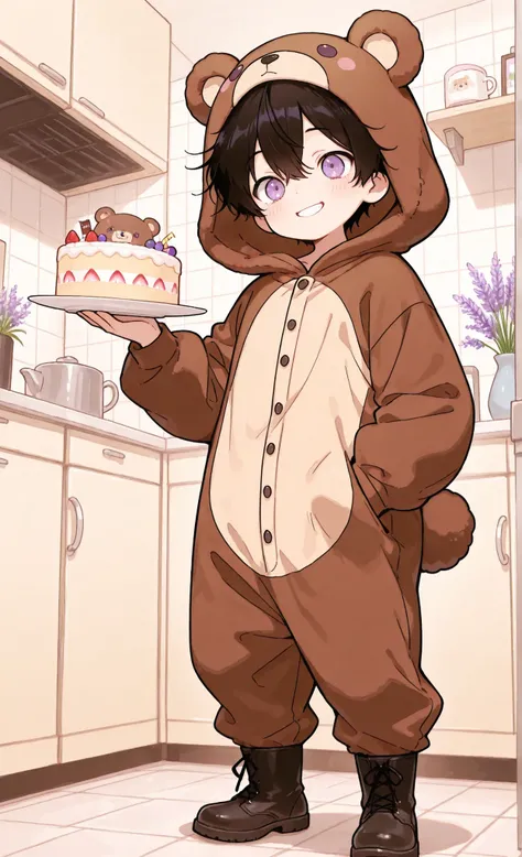 Kuma, masterpiece, best quality, ultra-detailed:1.3, chibi style, male, 1boy, solo, short black hair, lavender eyes, wearing brown bear onesie, bear hood, black boots, standing in kitchen, happily offering plate with piece of cake, smiling expression, cozy...