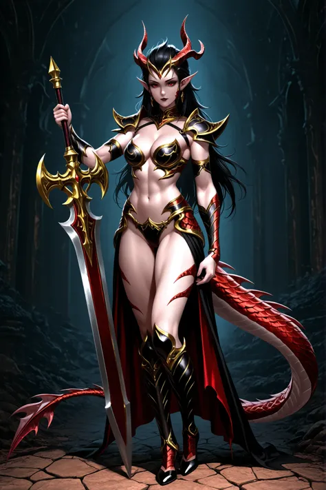 Beautiful Alluring fantasy female dragon warrior knight, red scales, Bare Skin, gold jewellry, blade armor bikini, scale armor, holding a dragonic greatword,Athletic Well Toned Body, Elegant Form, Bare Skin, Barely Clothed, cleavage, Beautiful Face, Ominou...