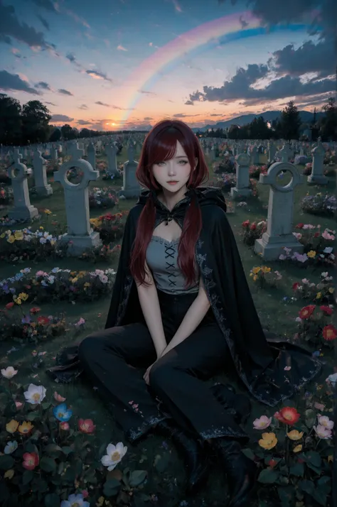 Photorealism, panoramic composition, full body, a girl, gray eyes, dark red hair, long hair, swept bangs, low twin tails, hair ribbons, white frill trim, strapless sleeveless shirt, gray shirt, black trousers, black cloak, tattered cloak, sitting comfortab...