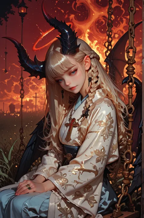 Surrealist oil painting, top three-quarter view: a mysterious She-Devil with elegant black and crimson horns and large, outstretched black wings — one torn and bandaged — sits gracefully on a Victorian-style wooden swing in a dreamlike playground surrounde...