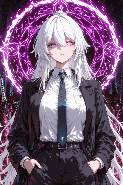(Highest quality), (High resolution), (masterpiece), (Super detailed), Long Hair, White Hair, Purple left eye, Blue right eye, Odd Eye, Blue Archive Art Style, Wearing Darkness, 1 personの女の子, With a black sword, 闇のaura, Black Light, Black long coat, White ...