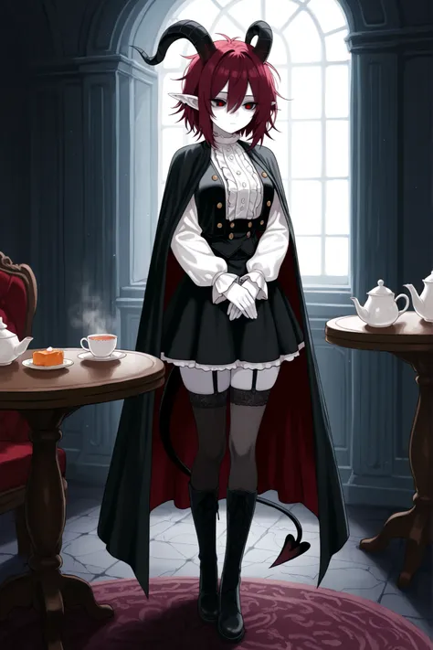 hentamonn,DSP, artist:DSP, mogeko,,masterpiece , best quality , amazing quality , very aesthetic, white skin, pale skin, tall girl, adult, rounded elf ear, red eye, drooping eyes, cold look, white pupil, feline pupil, short hair, slightly messy hair, maroo...