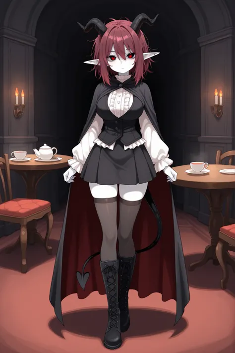 hentamonn,DSP, artist:DSP, mogeko,,masterpiece , best quality , amazing quality , very aesthetic, white skin, pale skin, tall girl, adult, rounded elf ear, red eye, drooping eyes, cold look, white pupil, feline pupil, short hair, slightly messy hair, maroo...