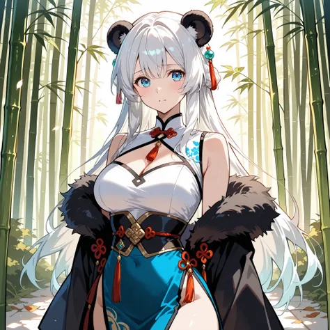slender semi-human panda woman, Silky white hair, fluffy black panda ears, bright blue eyes, slender figure with generous breasts, wears an elegant black Chinese dress with white edges and delicate ornaments, traditional accessories, shy and sweet expressi...