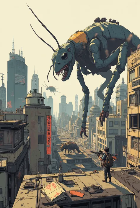(illustration, masterpiece, best quality, highly detailed, dynamic composition, cinematic lighting),
A dramatic illustration of a Japanese city viewed from a high rooftop perspective, looking down across the urban landscape.
A few gigantic ant-like monster...